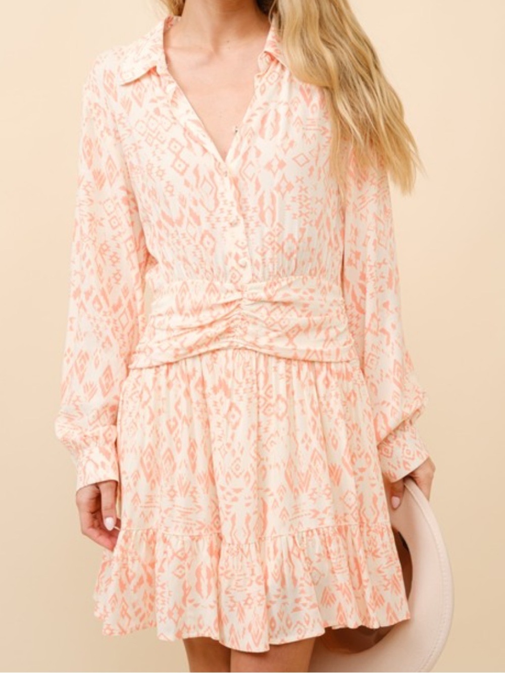 Peach Print Long-Sleeve Tiered Shirt Dress